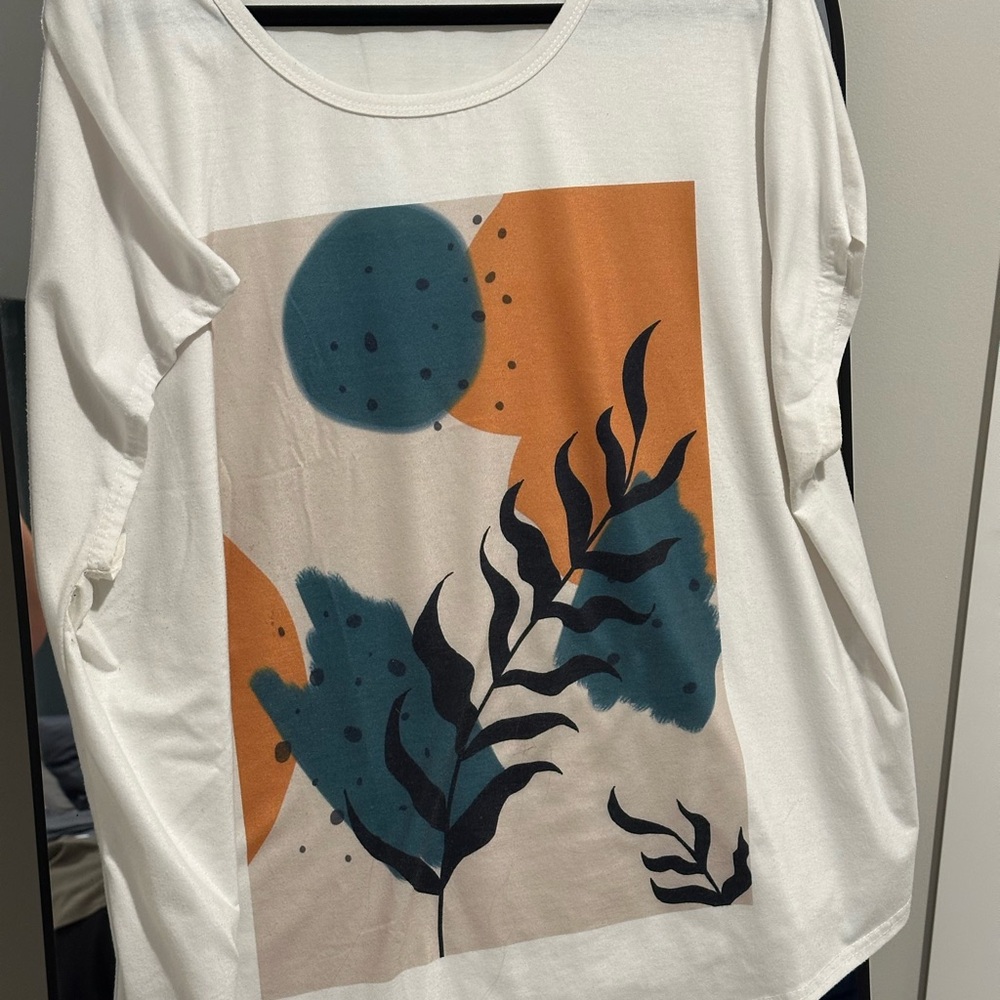 SHEIN Abstract Print Short Sleeve Tee - White, Orange, Teal